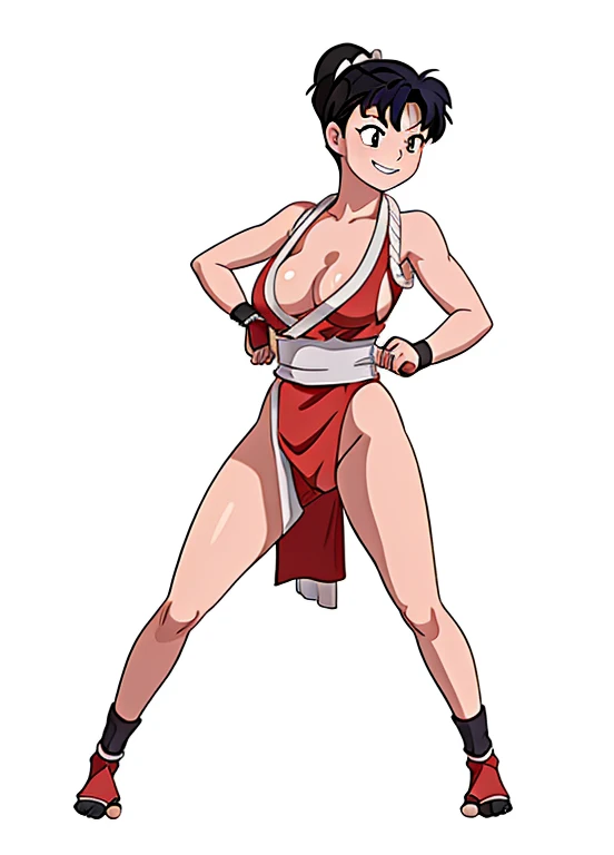 Kagome Higurashi, Mai Shiranui, 1girl, solo, 25yo, Japanese mature female, kunoichi dress, cleavage, matured face, teeth, grin, arrogant smile, athletic body, big breast, big hips, fighting stance, defensive pose, dynamic pose, martial arts, female fighter...