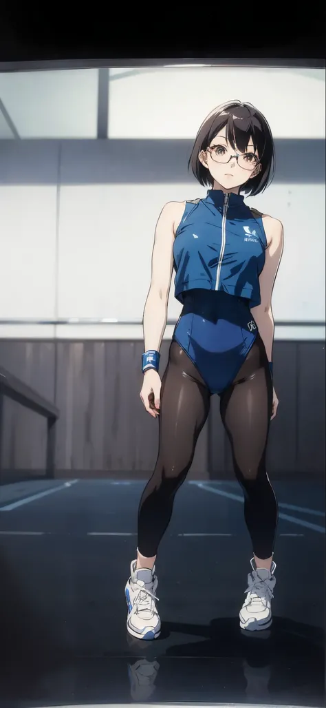 Anime character wearing glasses and a blue top poses for a photo, asuka suit under clothes!Mirror styleEdge of, wearing track and field suit, thighs focus, wearing leotard, tight outfit, Mirror Edge Art Style, an anime girl, Ilya Kuvshinov