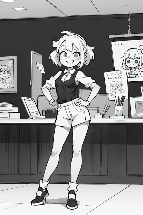 (female store mascot) beauty, white hair, smiling, tiny cartoon cashier woman (mature, adult), full body, (pencil_sketch) (black and white palette) monochrome, solo