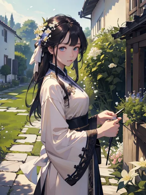 top-quality、4k wallpaper、​masterpiece、Highly Detailed CG Unity 8K Wallpaper Highly Detailed Eyes、ultra-detailliert、intricate-detail、、1girl in、looking at the viewers、outside of house、garden、background under flowers、