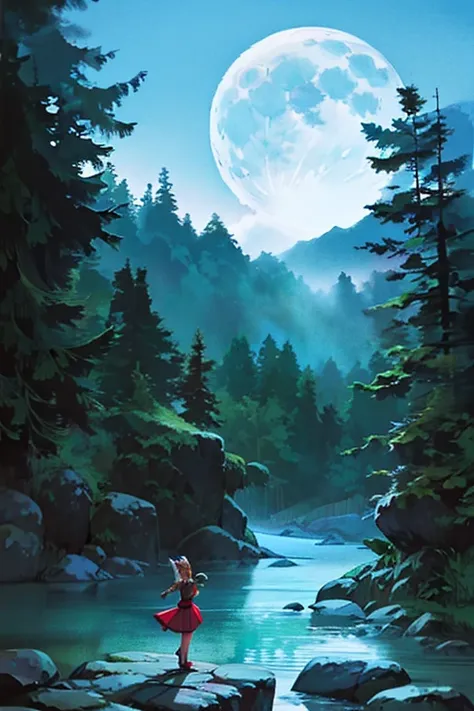 a beautiful asian girl dancing with a wizard on the surface of a moonlit still lake