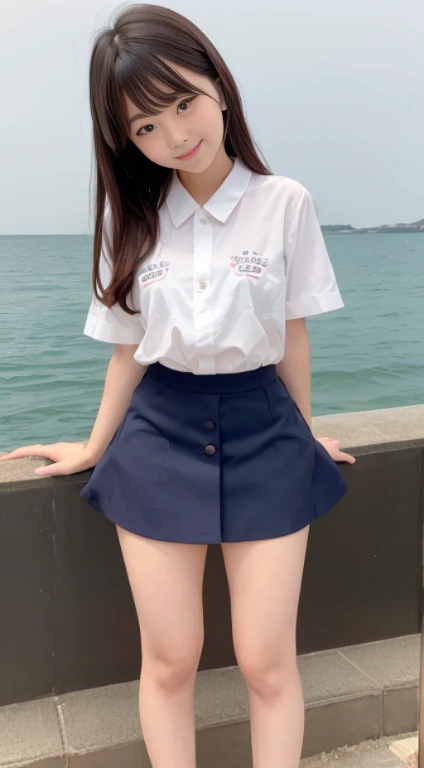 japanese beauty girl、(clear eyes:1.3)、Very Beautiful Little Girl、A cute and smiling girl&#39;s face、 16-year-old female model,(Super cute face in idol style:1.2), 8K、Pattsun bangs、A dark-haired、semi long hair、Middle hair、Straight hair、private beach、genital...