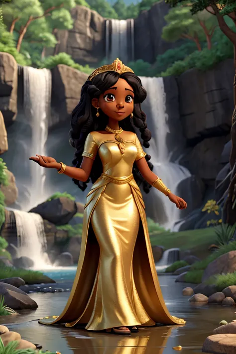 a black woman in her 30s, wearing a long gold dress and a crown, holding a hand mirror, in front of a waterfall