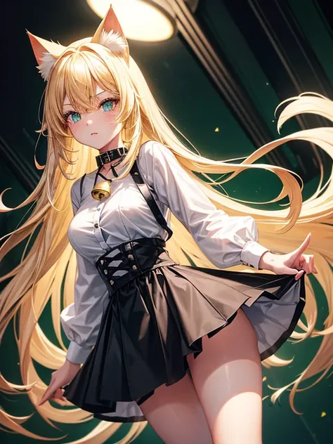 A girl, long blonde open hair, blonde Neko cat ears, light green glowing cat eyes, wearing a black collar with a bell, wearing a white shirt with a low neckline, a black short skirt, black tights, high red high heels, with a blonde cat tail,  high resoluti...