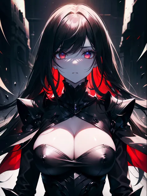 (Obra maestra, La mejor calidad, ultrahigh resolution),1girl,black dress, black armor, black hair, pale skin, black crown, red eyes, glowing eyes, neon eyes, ultra detailed eyes, beautiful and detailed face, detailed eyes, (centered, torso)