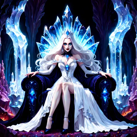 (solo:1.3), (cute cartoon style:1.3), mesmerizing depiction of a (Vampire Queen), exuding an aura of power and grace, piercing vivid blue eyes, extremely long white hair cascades down her regal figure, ((long gothic dress)), ((sitting on a magnificent thro...