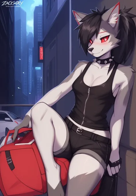 zackary911, by zackary911, anthro, lycanroc, hellhound, ((dark grey fur)), female, solo, 1woman, small breasts, shorts, leather jacket, tank top, ((red sclera)), ((silver eyes)), wolf tail, ponytail, black hair, city street scene, courier bag, spellbook, o...