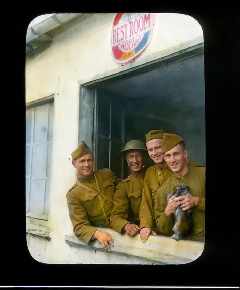 there are four men in uniform standing outside of a building, puppy, taken on a ww 1 camera, colorized photo, colorized photograph, autochrome, old color photograph, colourized, colourised, 4 k photo autochrome, a colorized photo, ww1 film photo, taken on ...