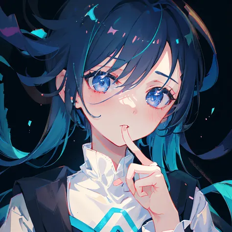 a woman with blue hair and blue eyes  pointing her finger to her mouth, 2 d anime style, anime visual of a cute girl, anime girl named lucy, emo anime girl, rei hiroe, mayuri shiina, 2 d anime, (anime girl), 1 7 - year - old anime goth girl, hana yata, an ...