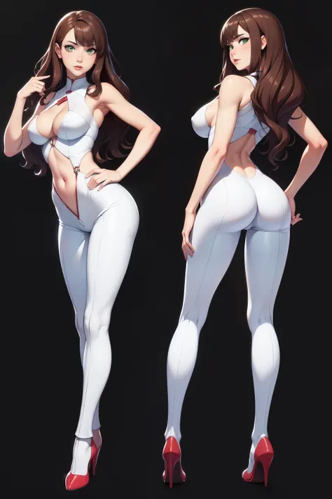 (masterpiece), (best quality), same girl posing in 2 different poses,(perfect face), long wavy brown hair, green eyes, wearing a cyber white suit with leather details, medium boobs, dramatical pose, slim body, (transparent background), ass first view, (tou...