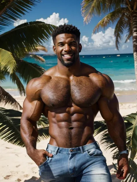 a muscular black man on vacation, hairy body, alpha male, huge biceps, ripped abs, shaggy hair, jeans, caribbean sunny morning, ...