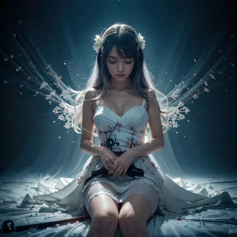 (([((2D, tinta ilustrada, niji anime)) ((Manga art style)))), ((um incrivelmente , sitting playing the cello in a magical ethereal forest wearing a flowing, draped white dress)), redemoinhos de magia e luz, Reflexo da lente, multicolor double exposures, co...