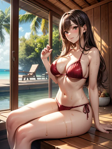 top-quality、Full limbs、complete fingers、Slender beauty、straight haired、Brown hair、Raw feet、Red Viking Wrapless Bikini Bra、highleg、Sauna room、Sweating、Wet texture、Beautiful Large Breasts、sit on beach、