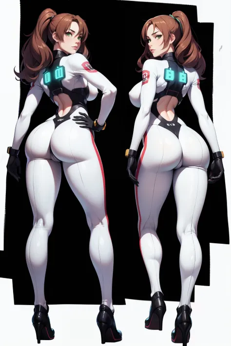 (masterpiece), (best quality), same girl posing in 2 different poses,(perfect face), long wavy brown hair, green eyes, wearing a cyber white suit with leather details, medium boobs, dramatical pose, slim body, (transparent background), ass first view, (tou...