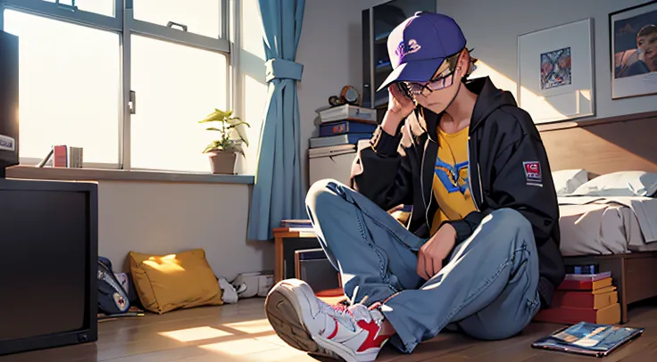 teenagers room with books on the floor, tv, computador, cama, janela com luz do sol, menino sentado de frente na cama, playing portable video games, cap and purple jacket, prescription glasses, tennis shoes, jeans