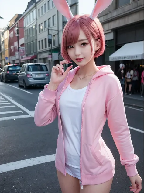 Bustling street、pink hoodie、Hooded trainer、Pink short cut hair、(8K, top-quality, ​masterpiece:1.2), (realisitic, Photorealsitic:1.37)、cute little、report、(A smile:1.15)、(smil)、tiny chest、（short-hair：1.2）、masuter piece、Pink Shortcut Bob、Realistic rabbit ears...