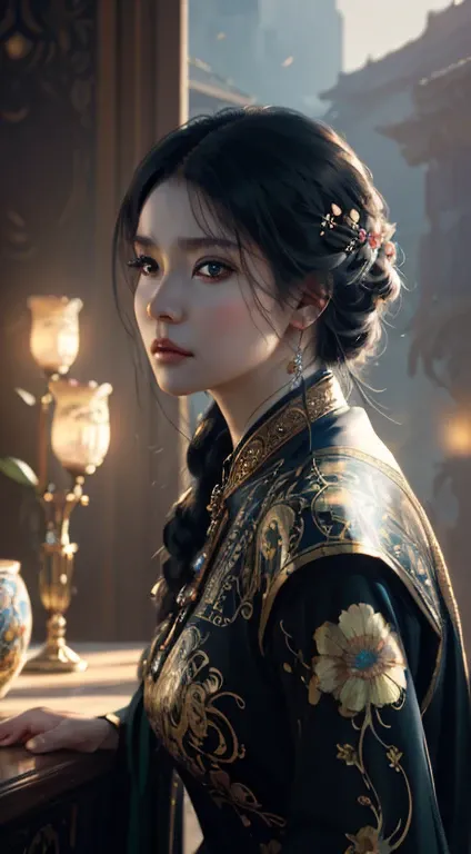 The beauty of 8K portraits, Intricate, elegant, Highly detailed, Majestic, Digital photography, Art by Artgerm and Ruan Jia and Greg Rutkowski, WLOP, and Klimt (Masterpiece, side-lighting, fine detailed beautiful eyes: floral patterns