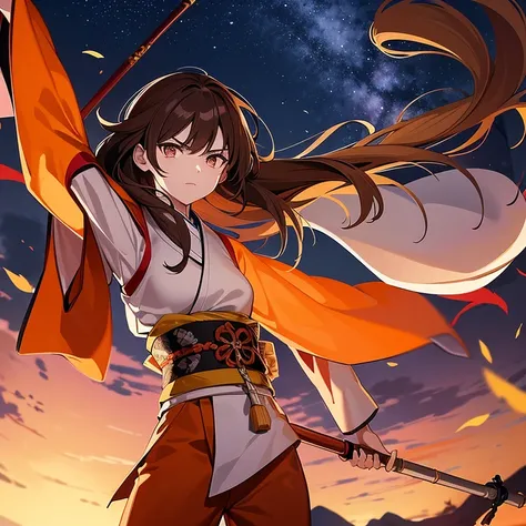 A tall female samurai with brown hair and silver eyes wearing orange long sleeve ancient Japanese shirt and orange pants with a staff in her right hand looking menacingly standing on top of a tree with floating islands in the sky with wind breezing by