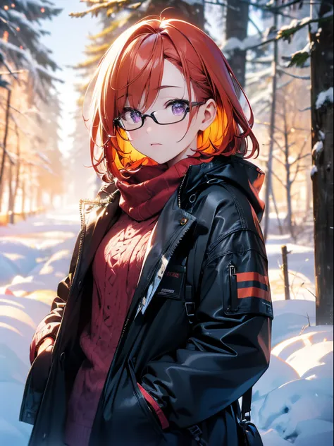 ((Reddish-purple eyes))、 Short hairstyle、Straight short、((Orange hair))、Kawaii Girl、Wearing glasses、 High quality, Highly detailed CG Unity 8k wallpaper, coniferous forest, Silence, towering conifers covering forest floor, Severe cold, Gentle beauty, Snow,...