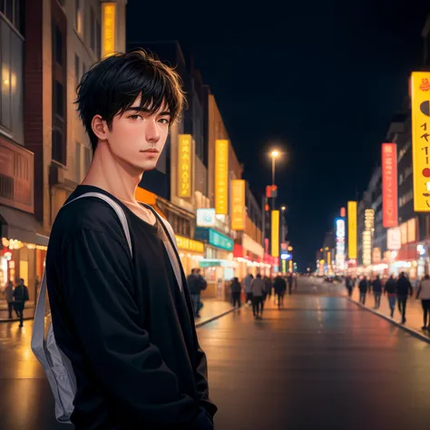 RAW photo, a portrait photo of 25 y.o man in casual clothes, night, city street, (high detailed skin:1.2), 8k uhd, dslr, soft lighting, high quality, film grain, Fujifilm XT3