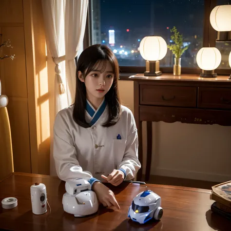 titles：&quot;Dream Machine&quot; Scene 1：**Bedroom night interior view**
Dead，Robot pictorial decorated with lanterns and decorations。Xiao Ming works hard，Parts on the table are a mess。His face  covered in sweat，Determination to persevere shines in his eye...