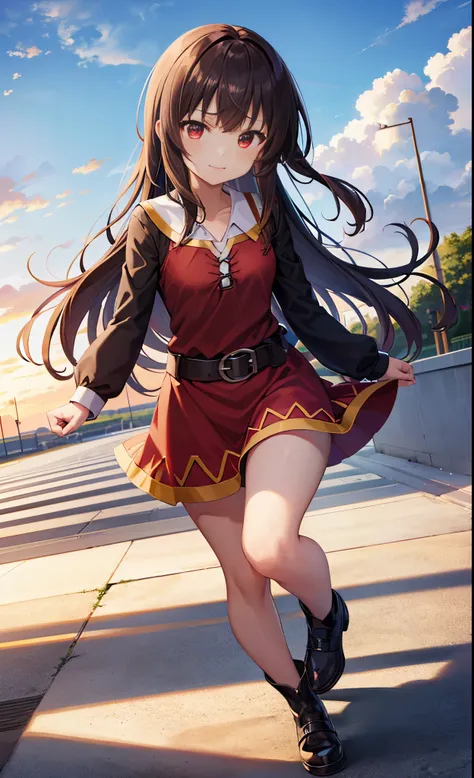 Megumin,
master part, best quality, high resolution, estilo anime, 
Standing, marinheiro, red eyes, cabelos castanhos e curtos, loli