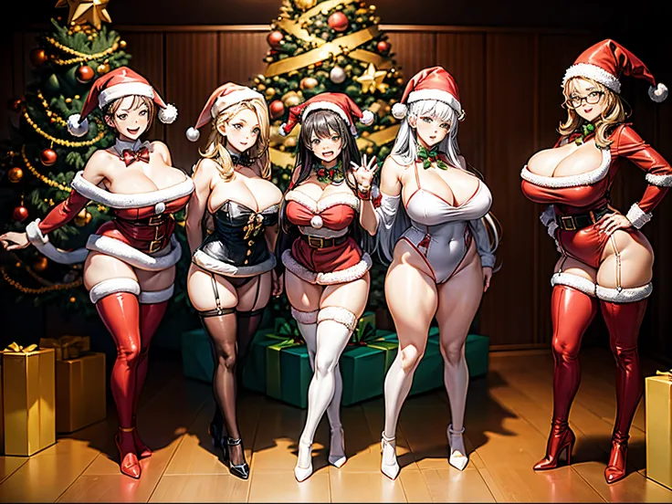 (a group of skinny girls in a Santa outfits, curvy bodies ,posing in front of a Christmas tree, furry art ,full body:1.5, large breasts)