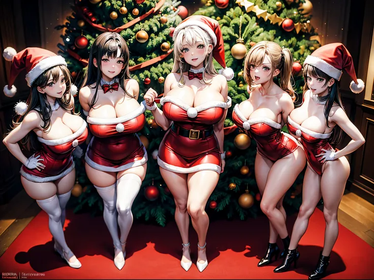 (a group of skinny girls in a Santa outfits, curvy bodies ,posing in front of a Christmas tree, furry art ,full body:1.5, large breasts)