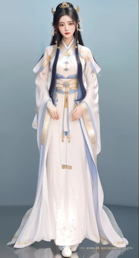 Real Human，photorealestic，Fine fine skin，exquisite facial features，a close up of a woman in a dress with long hair, full body xianxia, white hanfu, Wear your dreamy formal attire, flowing magic robe, beautiful fantasy queen beautiful fantasy queen)), heise...