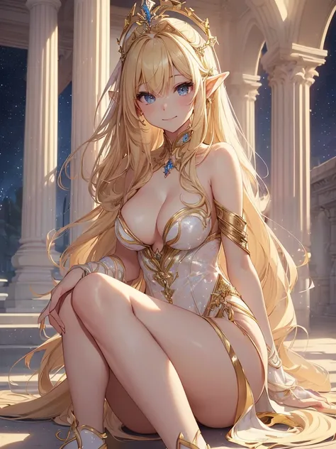 top-quality、Top image quality、​masterpiece、Super beautiful elf girl((24 year old、Best Bust、big bast、Bust 90,Beautiful long blonde hair ironed、A slender、 skating、Esbian、beautiful tiara、hiquality、Beautiful Art、Background with((starrysky)))masutepiece、visuala...