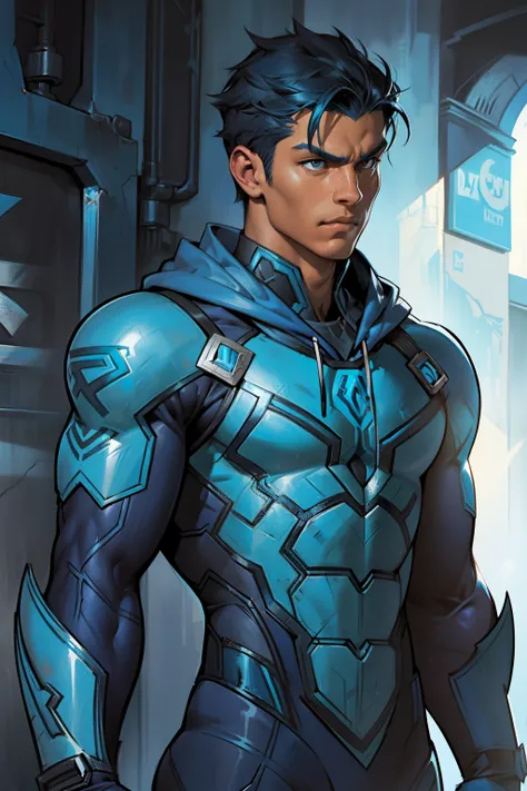 a  teen (young) muscular mexican hero with Blue Beetle (Jaime Reyes) suit ((DC Comics)) armor