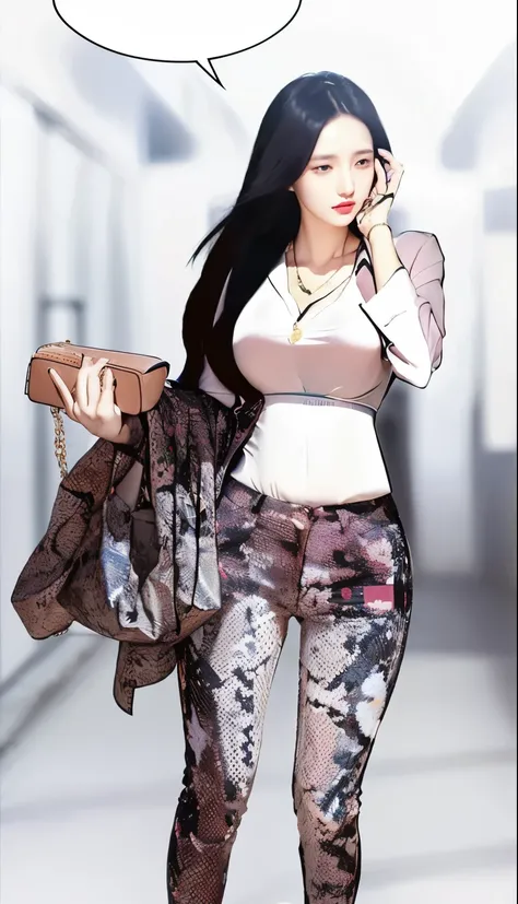 A women with long black hair,white shirt,trousers and jacket in hand with the same motif, holding a small bag, then calling someone, Soojung Choi, 8k quality, HD, realistic