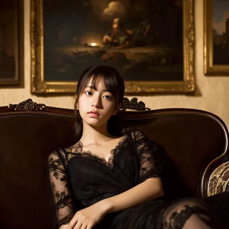 An ultra-high picture quality、Perfect Photo、Sofa in front of a majestic painting、Luxurious picture frame、Dark room、lighting stand、Beautiful 15 year old Japanese girl sitting on a luxurious sofa、serious facial expression、