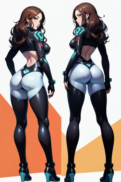 (masterpiece), (best quality), same girl posing in 2 different poses,(perfect face), long wavy brown hair, green eyes, wearing a cyber white suit with leather details, medium boobs, dramatical pose, slim body, (transparent background), ass first view, (tou...