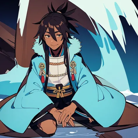 A old samurai with brown skin with cyan dreads and cyan eyes wearing a cyan fur coat sitting on ice looking happy