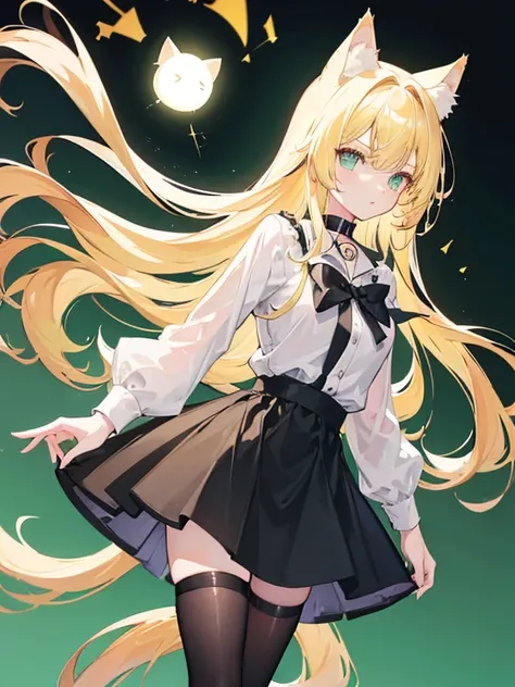 A girl, long blonde open hair, blonde Neko cat ears, light green glowing cat eyes, wearing a black collar with a bell, wearing a white shirt with a low neckline, a black short skirt, black tights, high red high heels, with a blonde cat tail,  high resoluti...