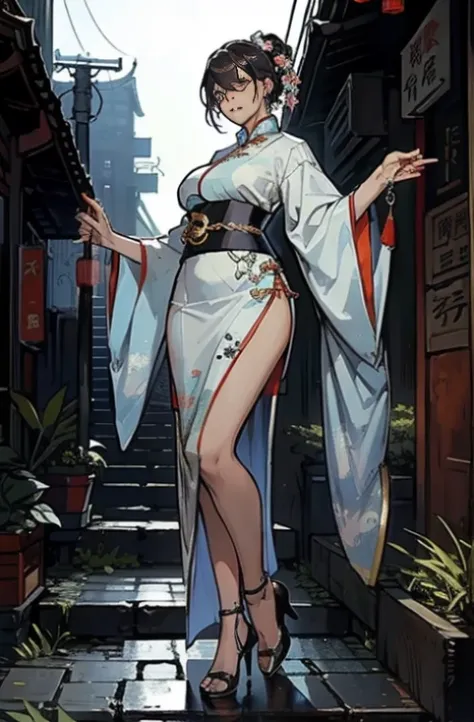 doctor has a glowing five-star rating, city in the background, large bust，rimless eyewears，slim figure，cute girl，full body hanfu...