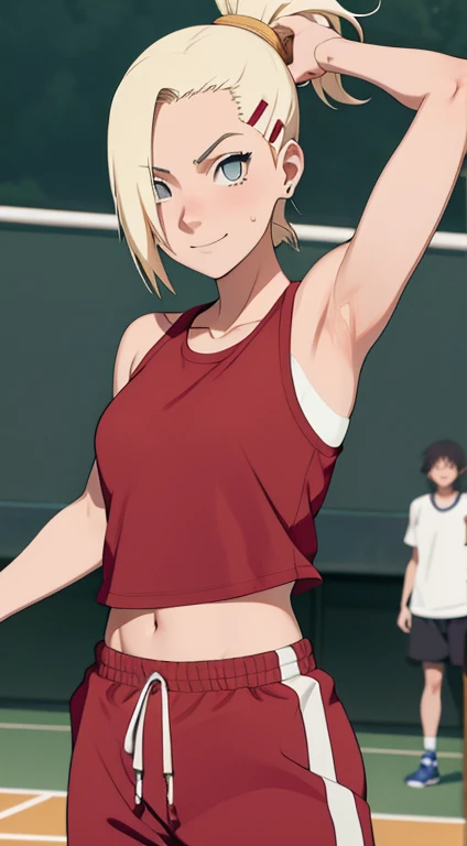 Ino Yamanaka，adult (32 years old)wearing physical education clothes,sunny day，standing warming up;，clothes tank top,sweatpants,，smile，Being red in the face,sports court，Close-up on close-up ，with a good number