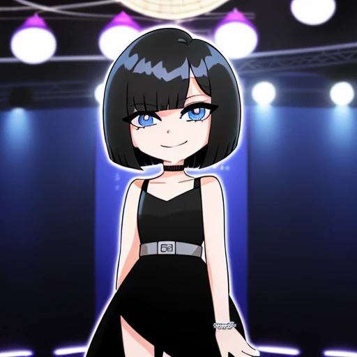 Short hair, black hair, bob cut, blue eyes, bare shoulders, bare arms, strapless, black chocker, little black dress, skin-tight dress, standing, smiling, nightclub, disco lighting.