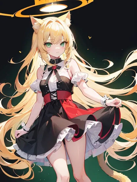 A girl, long blonde hair, blonde Neko cat ears, light green eyes, wearing a black collar with a bell, wearing a red dress, black tights, red heels, with a blonde cat tail,  high resolution, looks forward, stands upright