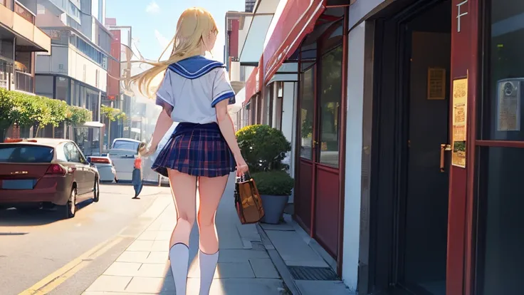 ​masterpiece,Top image quality,hight resolution,Mabayashi Kitagawa,1 girl,Beautiful fece,blonde  hair,length hair,summer sailor uniform,jewely,耳环,red tie、Plaid skirt、girl with,shopping mall,（Rear view）