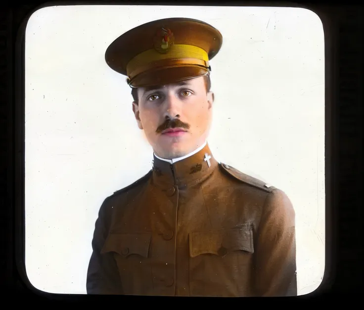 there a man in a uniform with a mustache and moustache, colorized photograph, colourized, colorized photo, colorized, restored color, a colorized photo, colourised, colorized photon, portrait of a soldier, autochrome pearl portrait, taken on a ww 1 camera...