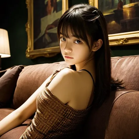 An ultra-high picture quality、Perfect Photo、sofa in front of a wonderful painting、Luxurious picture frame、Dark room、lighting stand、Beautiful 14 year old Japanese girl sitting on a luxurious sofa、Nokezoru、serious facial expression、frontage、put your hand on ...