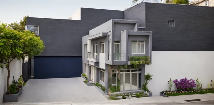 house exterior, modern style,DAY LIGHT, street in front of the house, balcony flower bed, navy blue wall, gray checkered wall, beautiful garden, little girl and dog, on the left there  a tailor shop, on the other must have a plum tree, keep the original im...