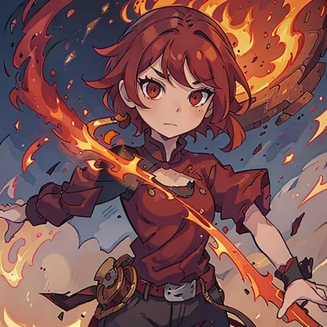 Firey short red hair, brown eyes, demon slayer art style