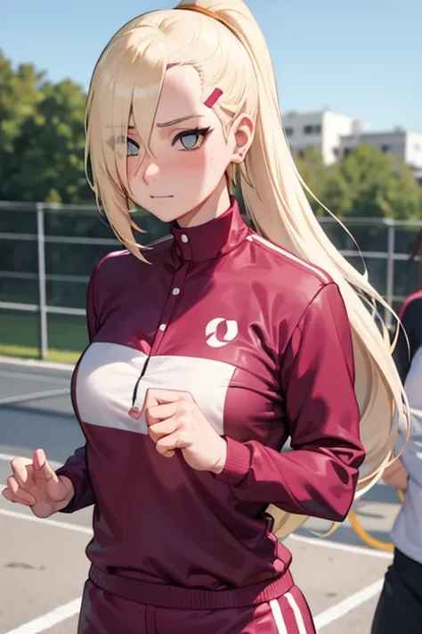 Ino Yamanaka,32 year old adult, physical education teacher, wearing physical education clothes, sunny day, standing warming up; in close-up，with a good number