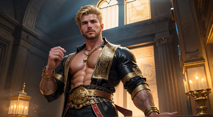 realistically, ((Best quality at best)), ((tmasterpiece)), 1 handsome guy, Installed, Chiseled, rich greek temple, male people, Blonde messy short hair, that handsome man，Detailed handsome face， 詳細な目, Muscular, Upper part of the body, gold chain belt, Pibu...