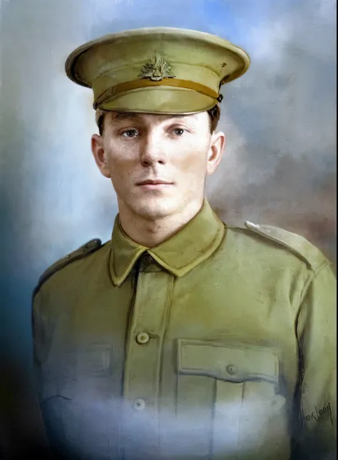 painting of a man in a military uniform in a studio, colourized, colourised, portrait of a soldier, coloured photo, colour portrait photograph, portrait n - 9, ww 1, ww1, portrait close - up, portrait closeup, close portrait, aged 2 5, close up portrait, p...