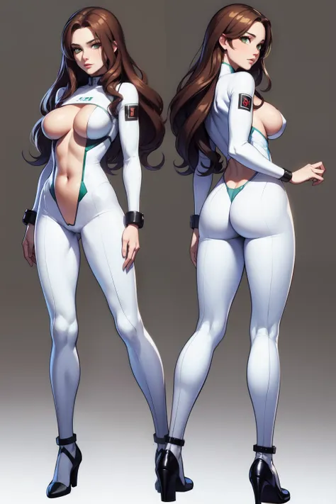 (masterpiece), (best quality), same girl posing in 2 different poses,(perfect face), long wavy brown hair, green eyes, wearing a cyber white suit with leather details, medium boobs, dramatical pose, slim body, (transparent background), (touching the ass), ...