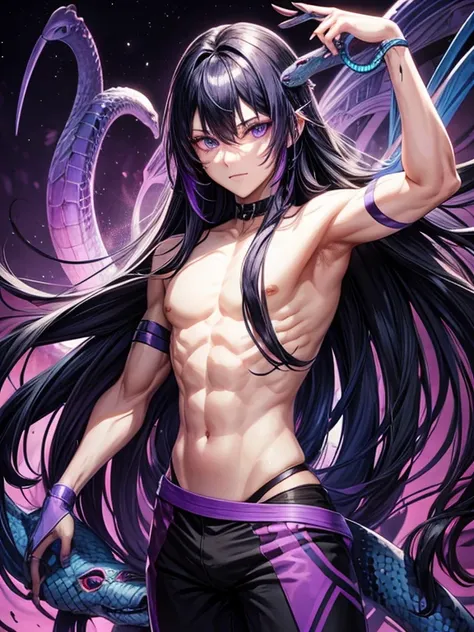 Half human, half blue and purple snake, black long hair, purple eyes, male